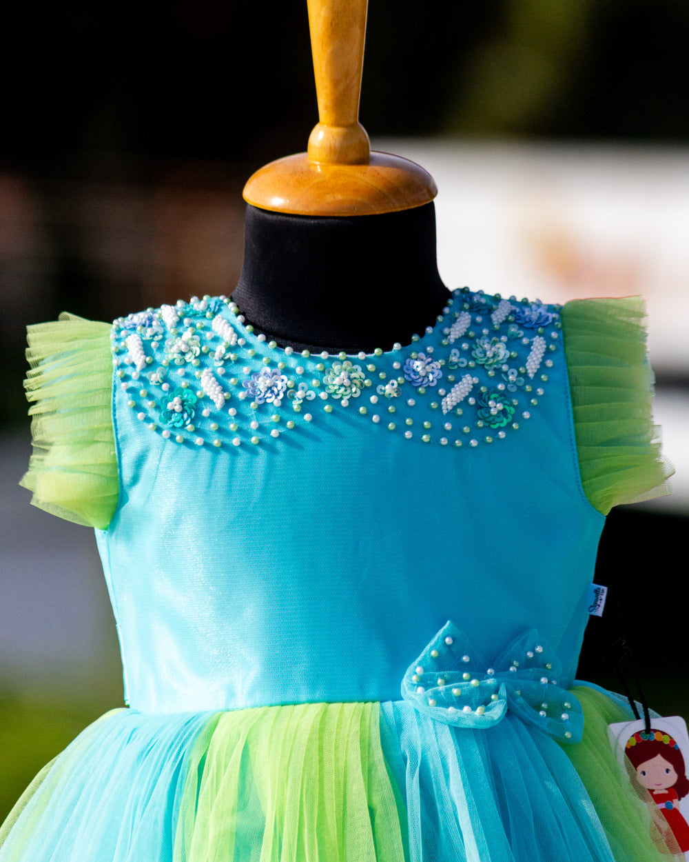 Peter Pan collar with pearls handwork on sky blue pista green layer frock – Stanwells Kids