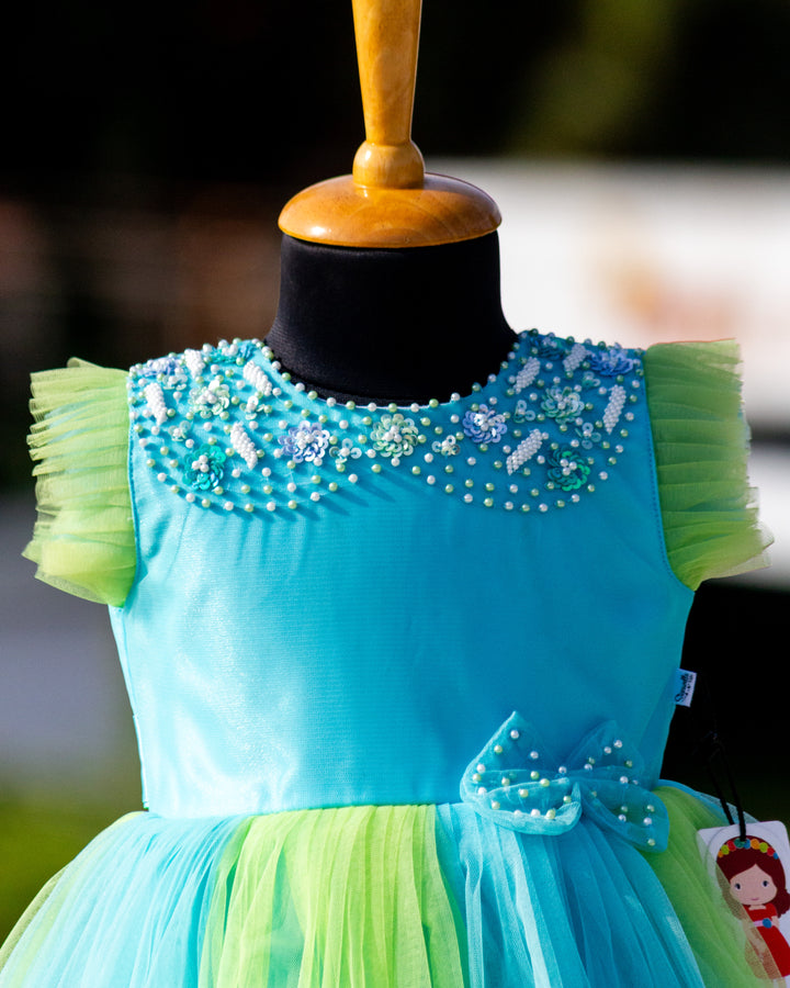 Peter Pan collar with pearls handwork on sky blue pista green layer frock – Stanwells Kids