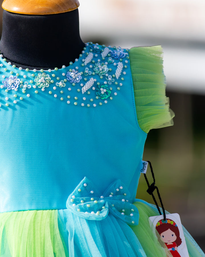 Multi shade layered net skirt on sky blue pista green party frock – Stanwells Kids