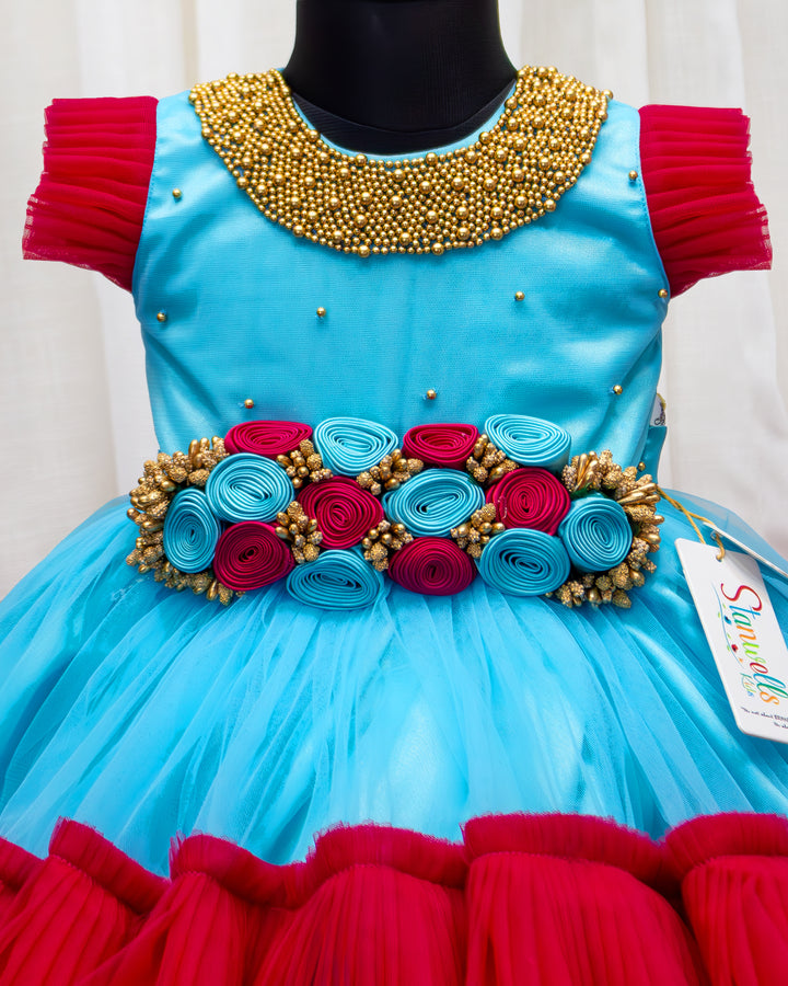 Sky Blue & Rany Pink Shade Handwork Flower Frock