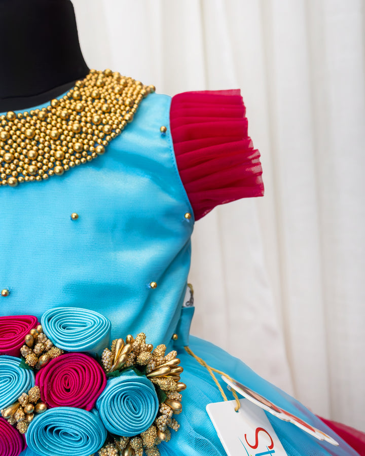 Sky Blue & Rany Pink Shade Handwork Flower Frock