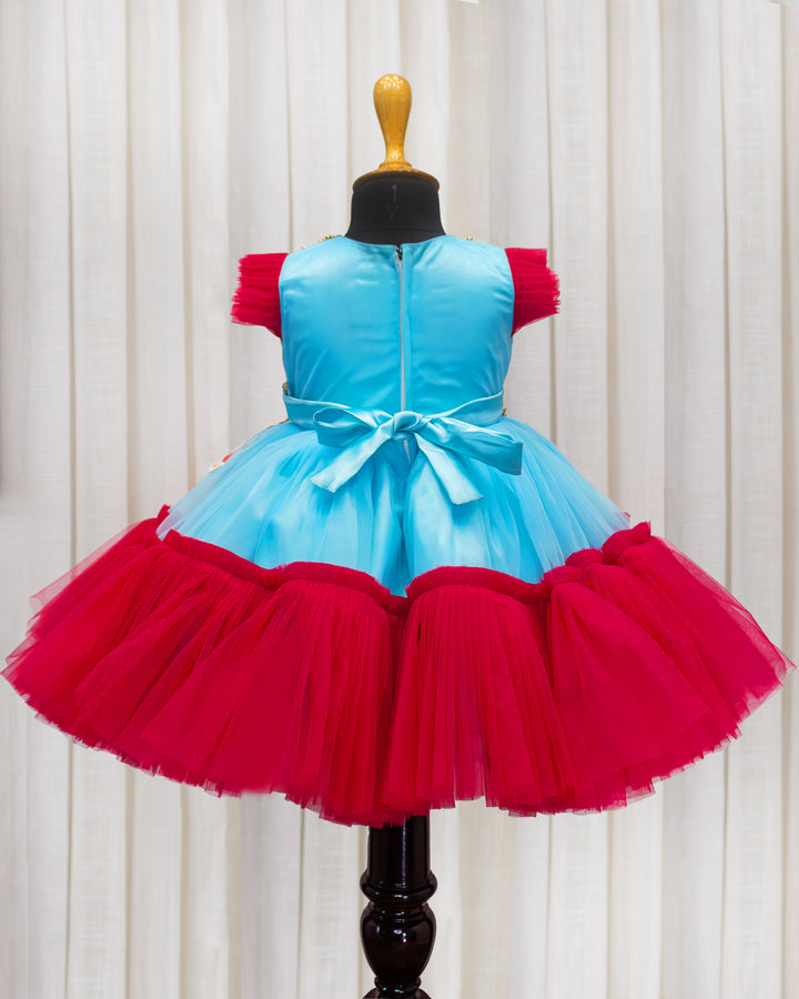 Sky Blue & Rany Pink Shade Handwork Flower Frock