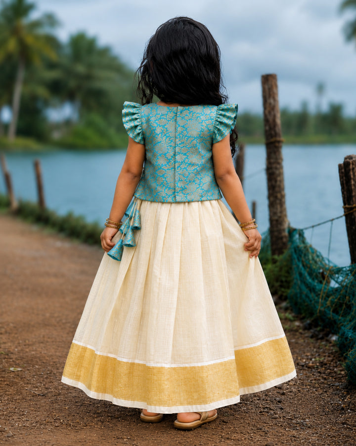 Traditional sky blue Onam special lehenga for baby girl 3 months to 7 years – Stanwells Kids