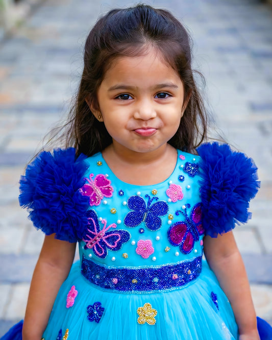 Sky blue navy blue butterfly frock side view baby girl – Stanwells Kids
