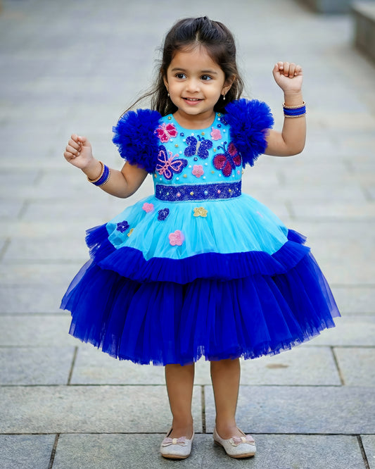 Sky blue navy blue butterfly theme frock front view baby girl – Stanwells Kids