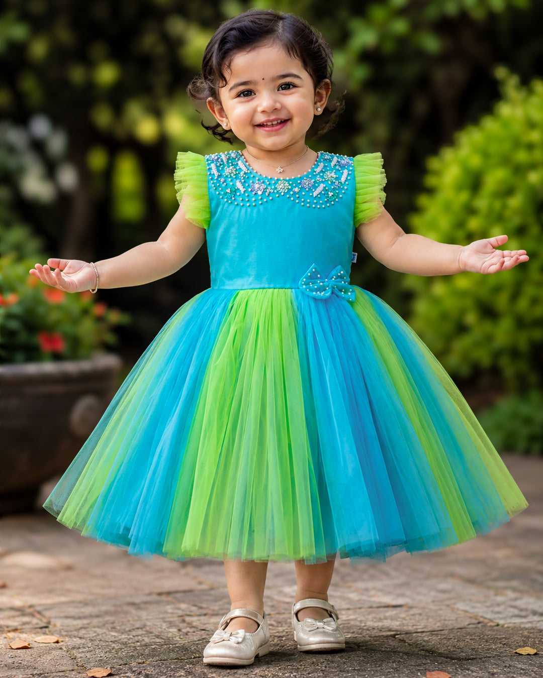 Sky blue and pista green Peter Pan collar pearls handwork layer frock for baby girl – Stanwells Kids