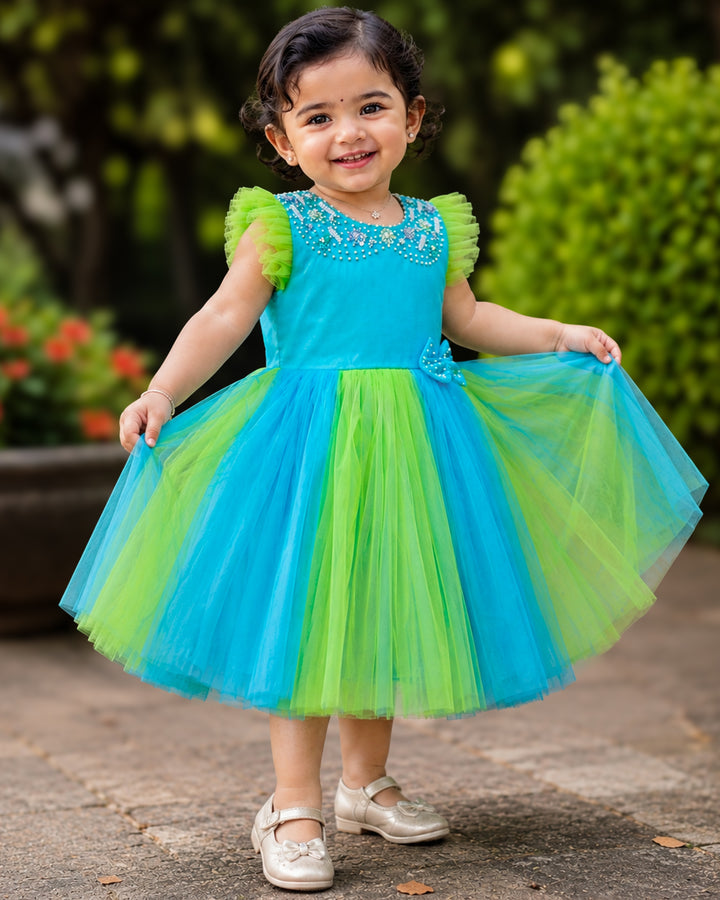 Sky blue and pista green Peter Pan collar pearls handwork layer frock for baby girl – Stanwells Kids