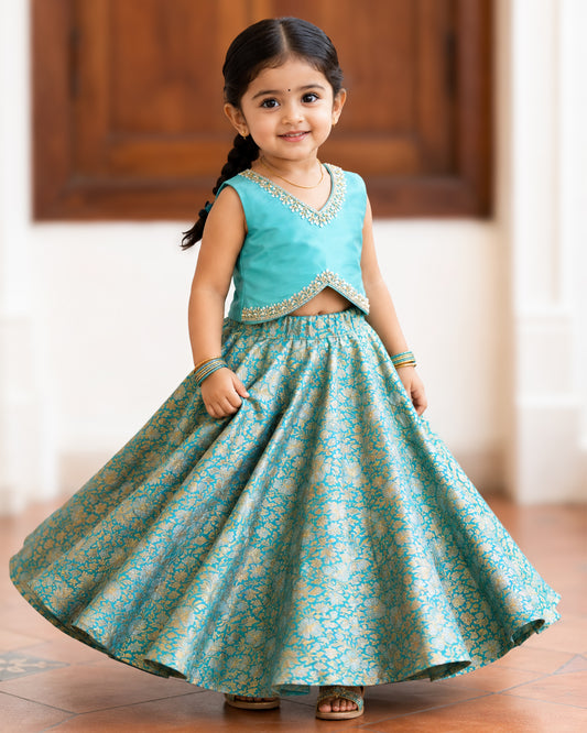 Sky blue premium Banarasi brocade handwork lehenga choli for baby girl – front view, Stanwells Kids