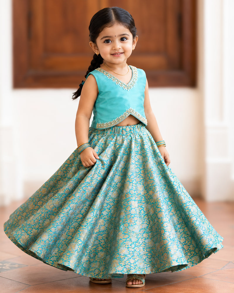 Sky Blue Premium Banarasi Brocade Handwork Lehenga Choli for Baby Girl – Stanwells Kids