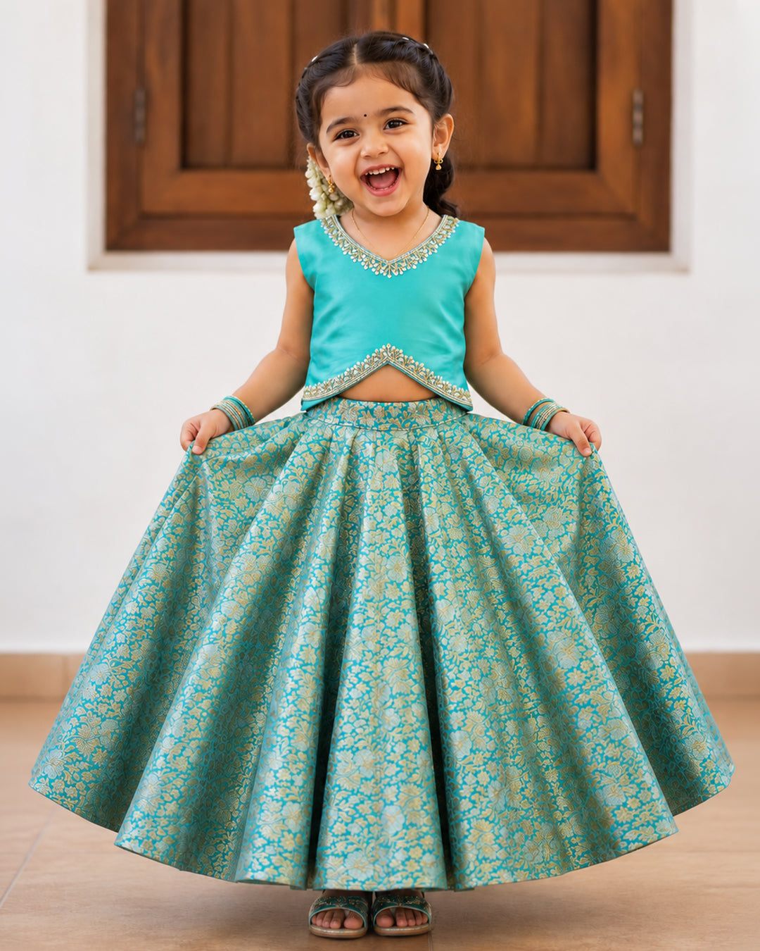 Sky blue premium Banarasi brocade handwork lehenga choli for baby girl – front view, Stanwells Kids