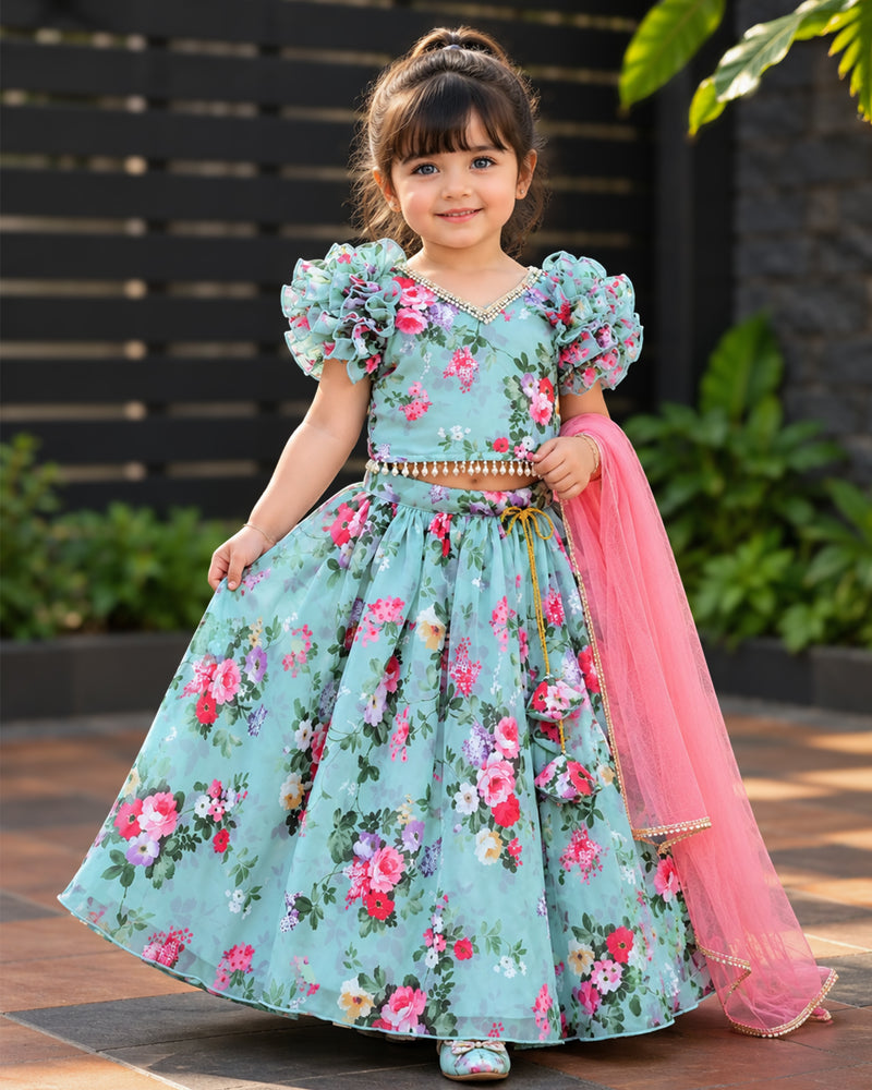 Sky Blue Silky Chiffon Floral Print Lehenga Set for Baby Girl – Stanwells Kids