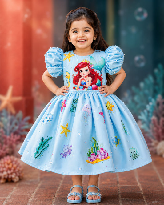 Sky blue silky satin mermaid theme handwork frock for baby girl – front view, Stanwells Kids