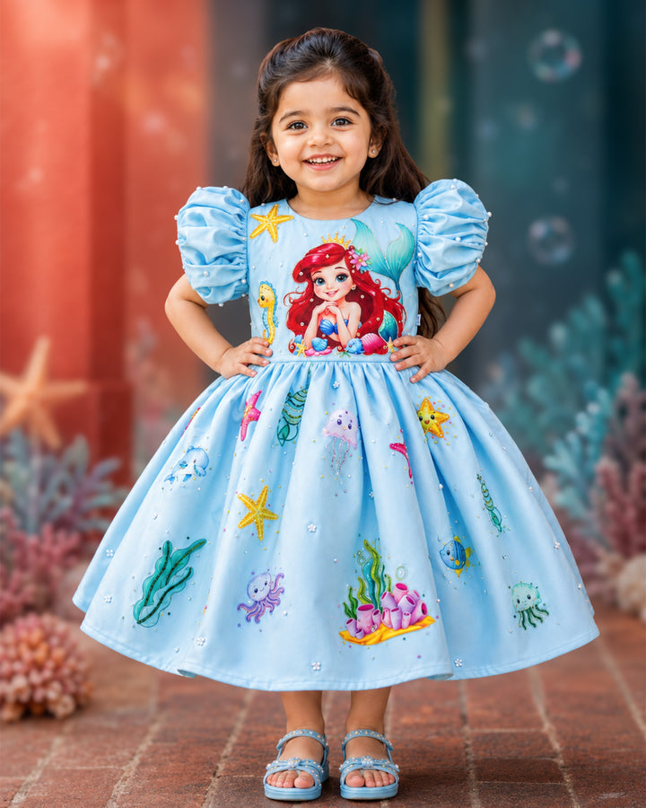 Sky blue silky satin mermaid theme handwork frock for baby girl – front view, Stanwells Kids