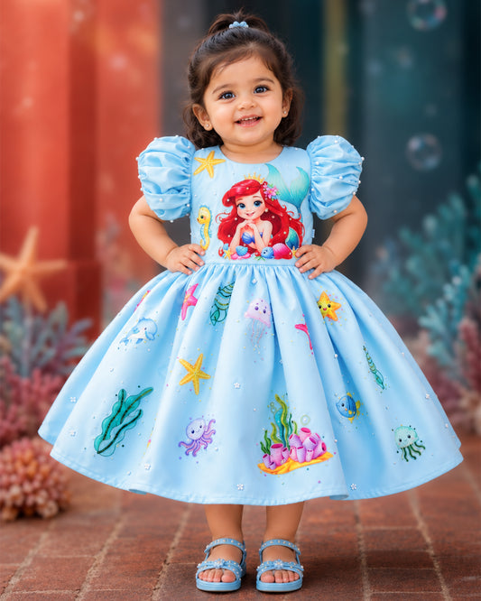 Sky blue silky satin mermaid theme handwork frock for baby girl – front view, Stanwells Kids