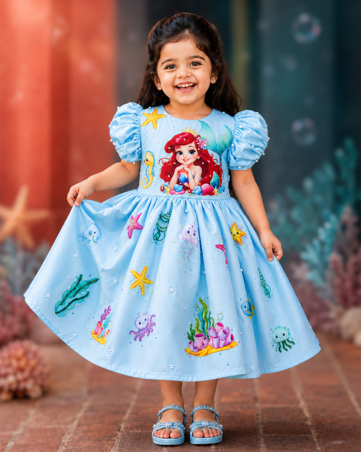 Sky blue silky satin mermaid theme handwork frock for baby girl – front view, Stanwells Kids