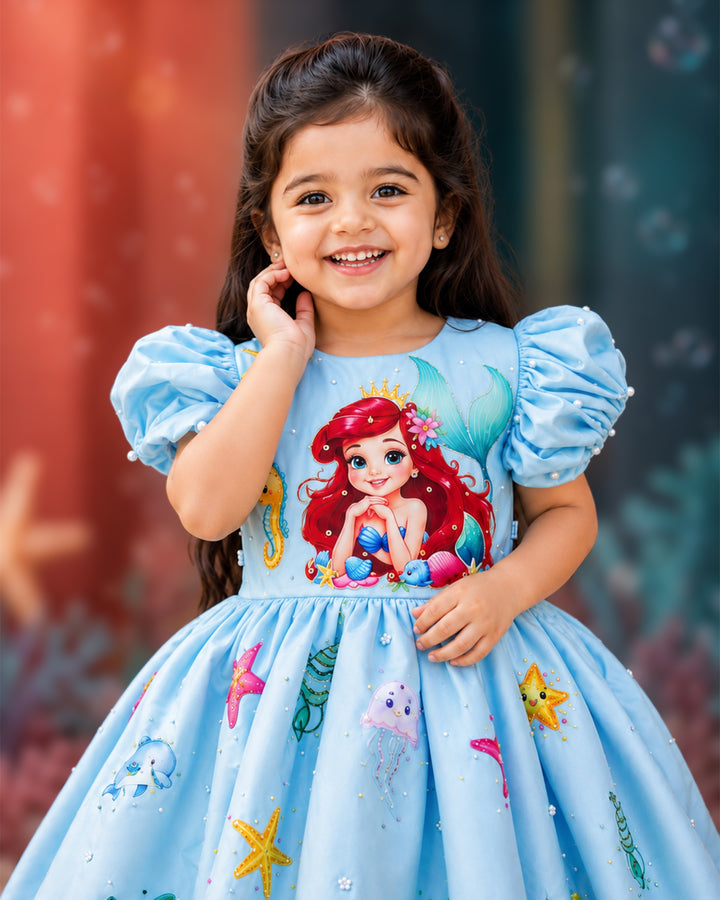 Sky blue silky satin mermaid theme handwork frock for baby girl – front view, Stanwells Kids