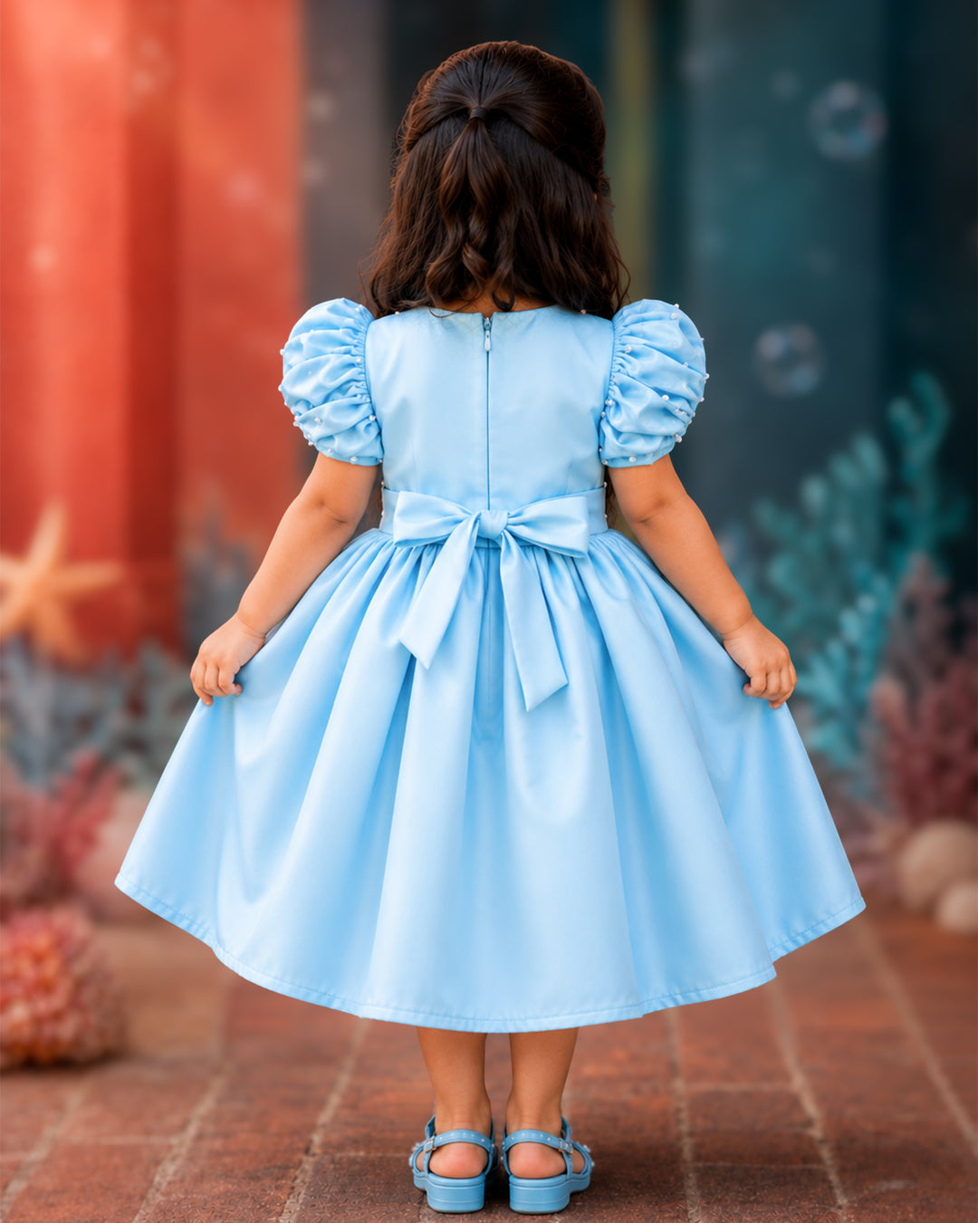 Sky blue silky satin mermaid theme handwork frock for baby girl – front view, Stanwells Kids