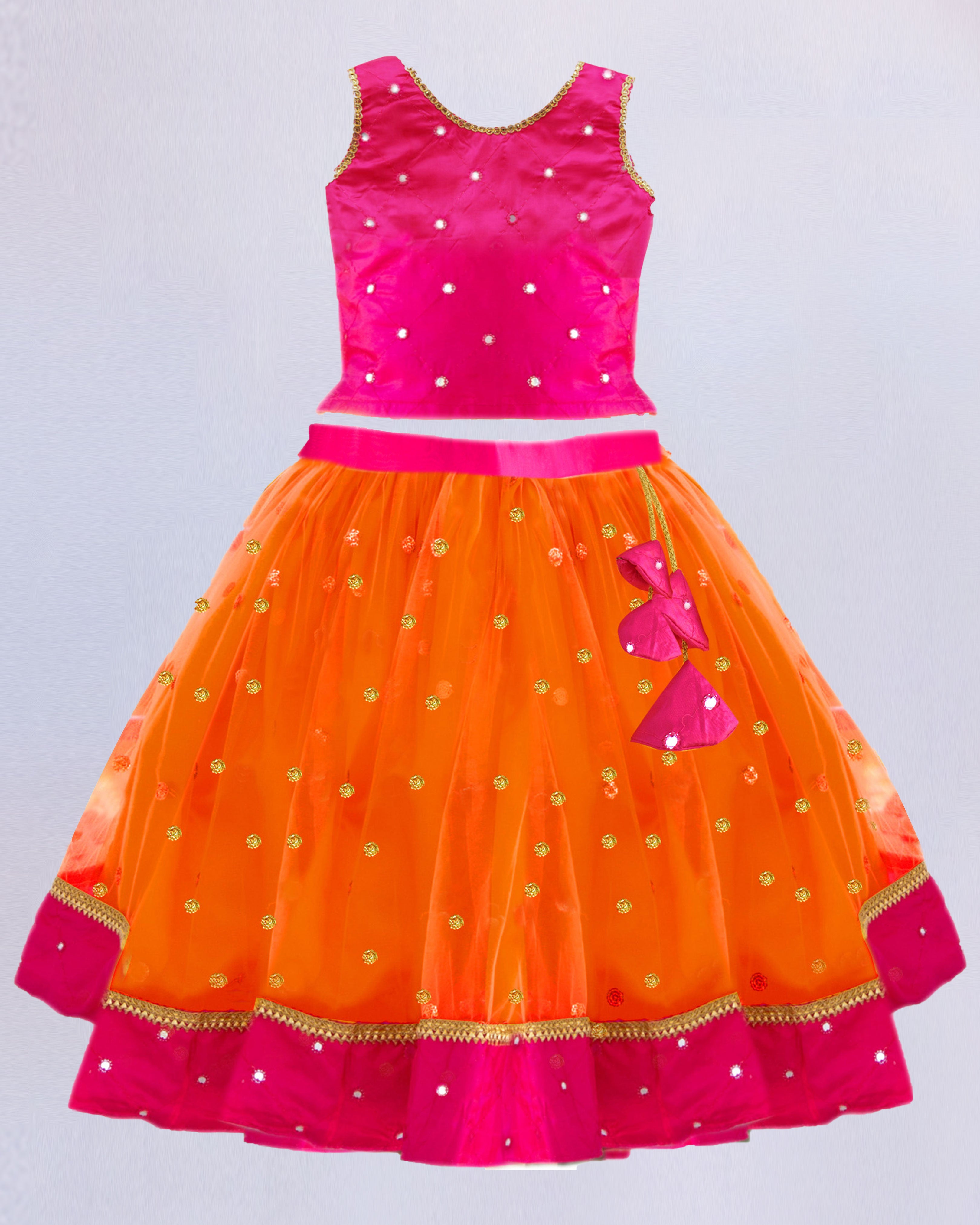 Orange and Magenta Combo South Indian Baby Girls Mirror Work Sequins Net Lehenga Choli Set