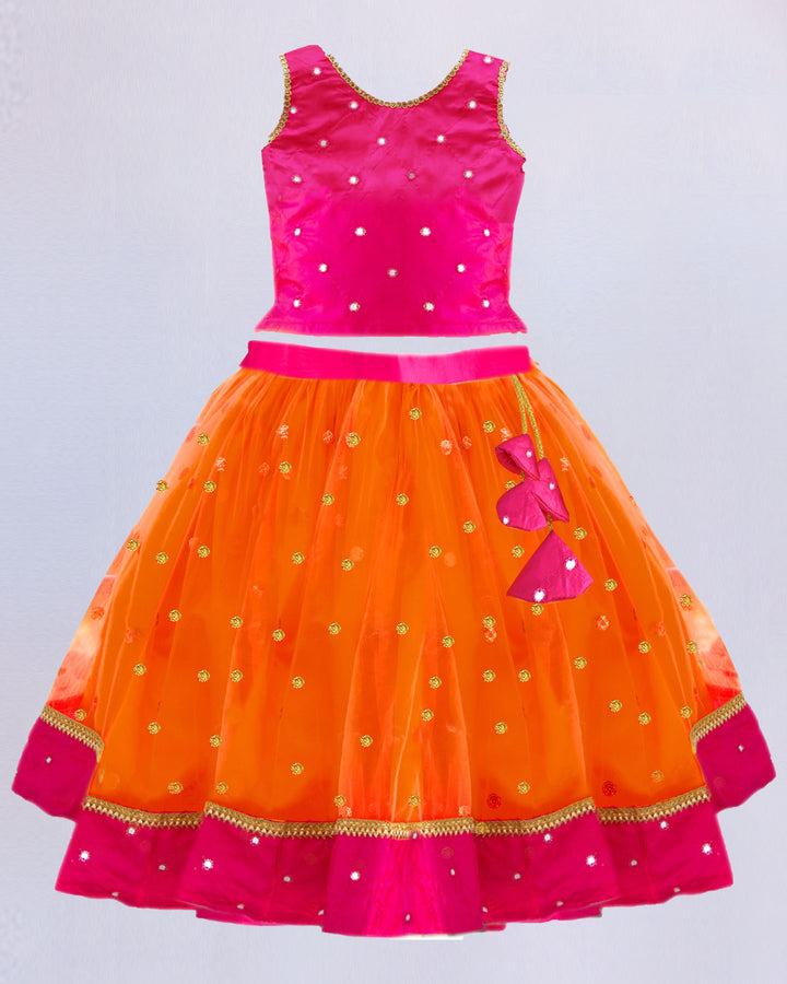 Orange and Magenta Combo South Indian Baby Girls Mirror Work Sequins Net Lehenga Choli Set