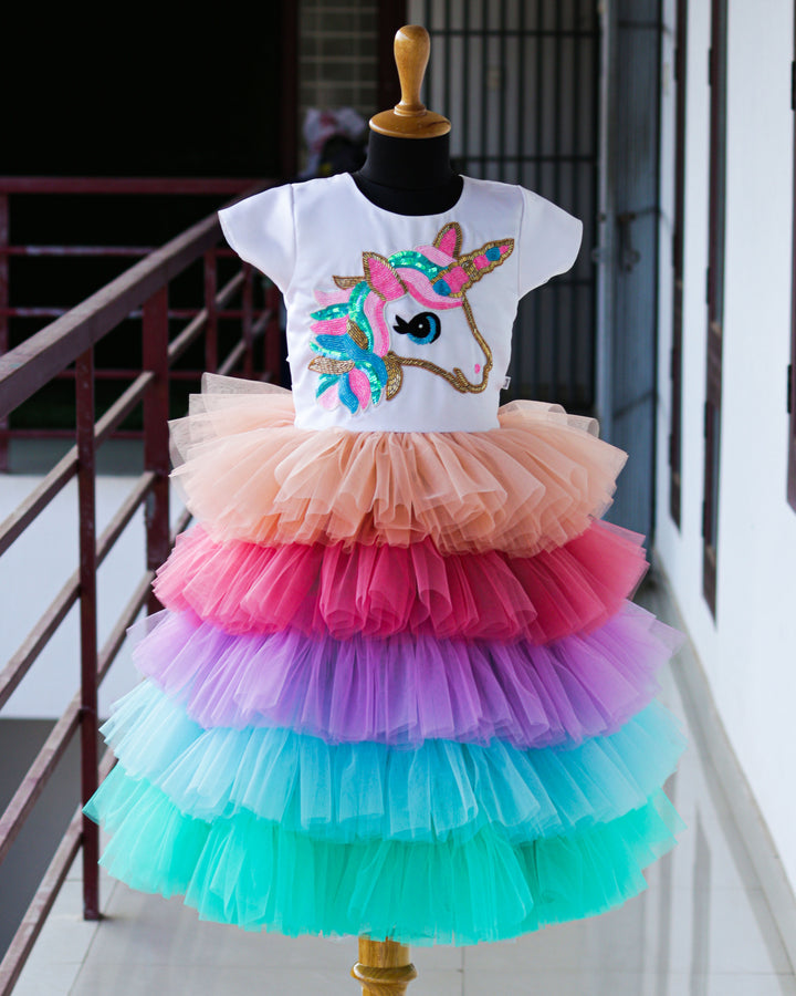 Unicorn Theme Multi Shade Rainbow Pattern Baby-Girls Step Frock