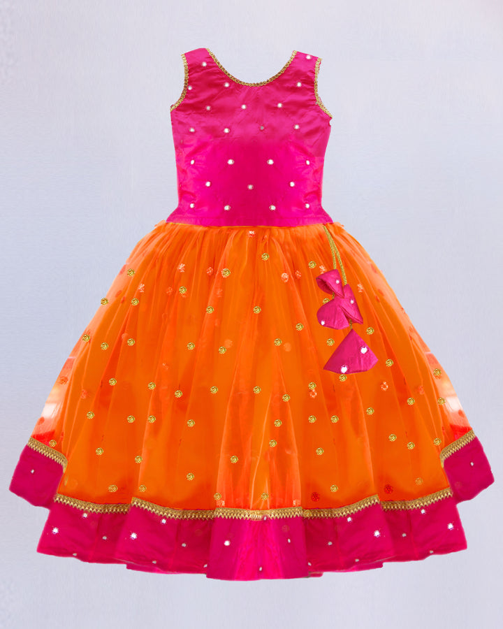 Orange and Magenta Combo South Indian Baby Girls Mirror Work Sequins Net Lehenga Choli Set