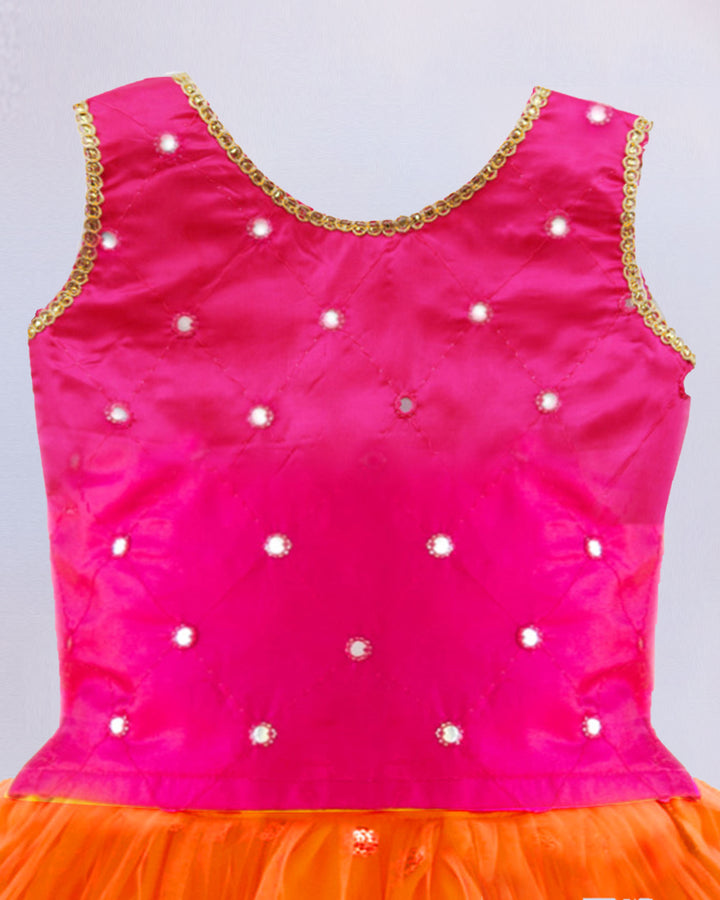 Orange and Magenta Combo South Indian Baby Girls Mirror Work Sequins Net Lehenga Choli Set