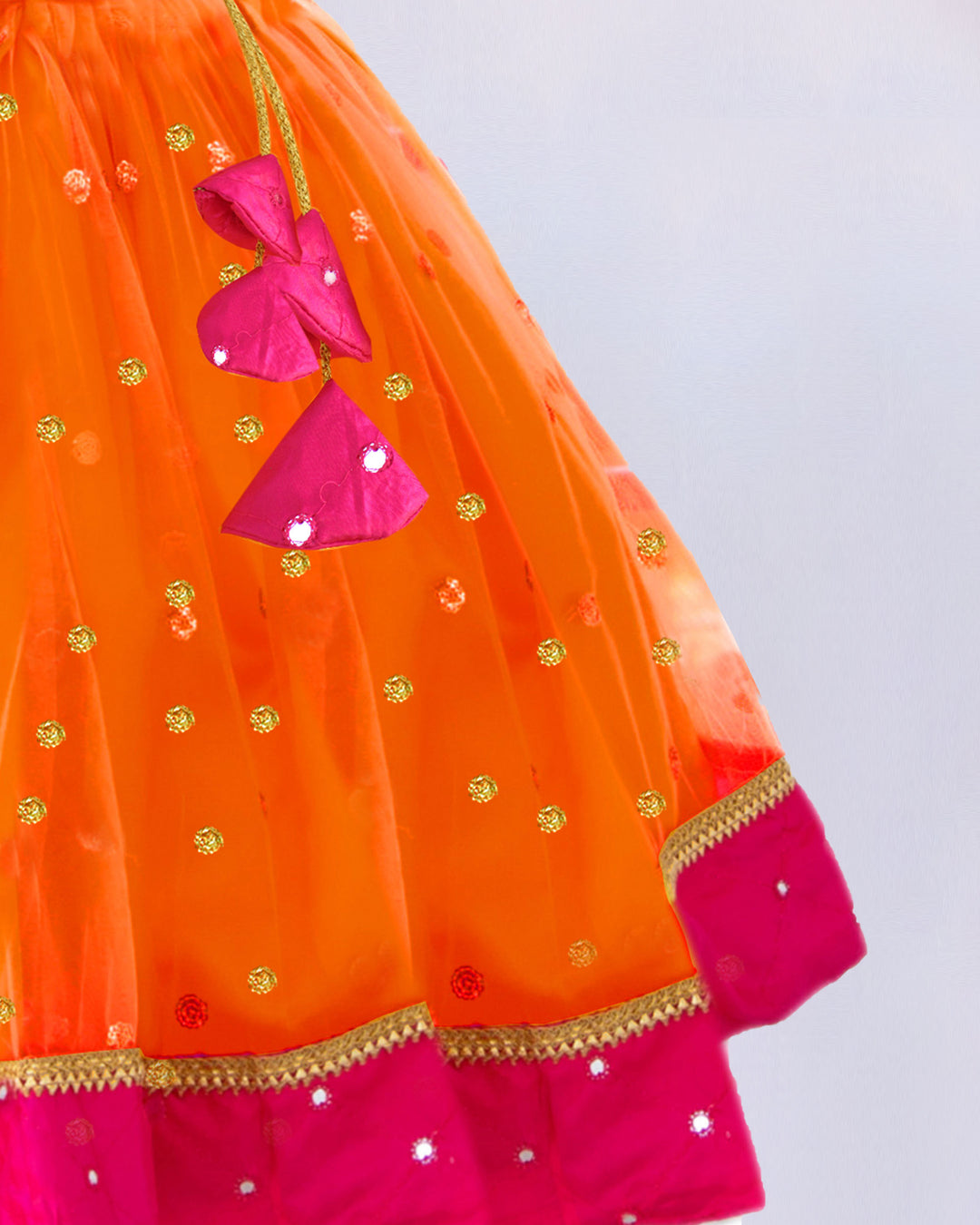 Orange and Magenta Combo South Indian Baby Girls Mirror Work Sequins Net Lehenga Choli Set