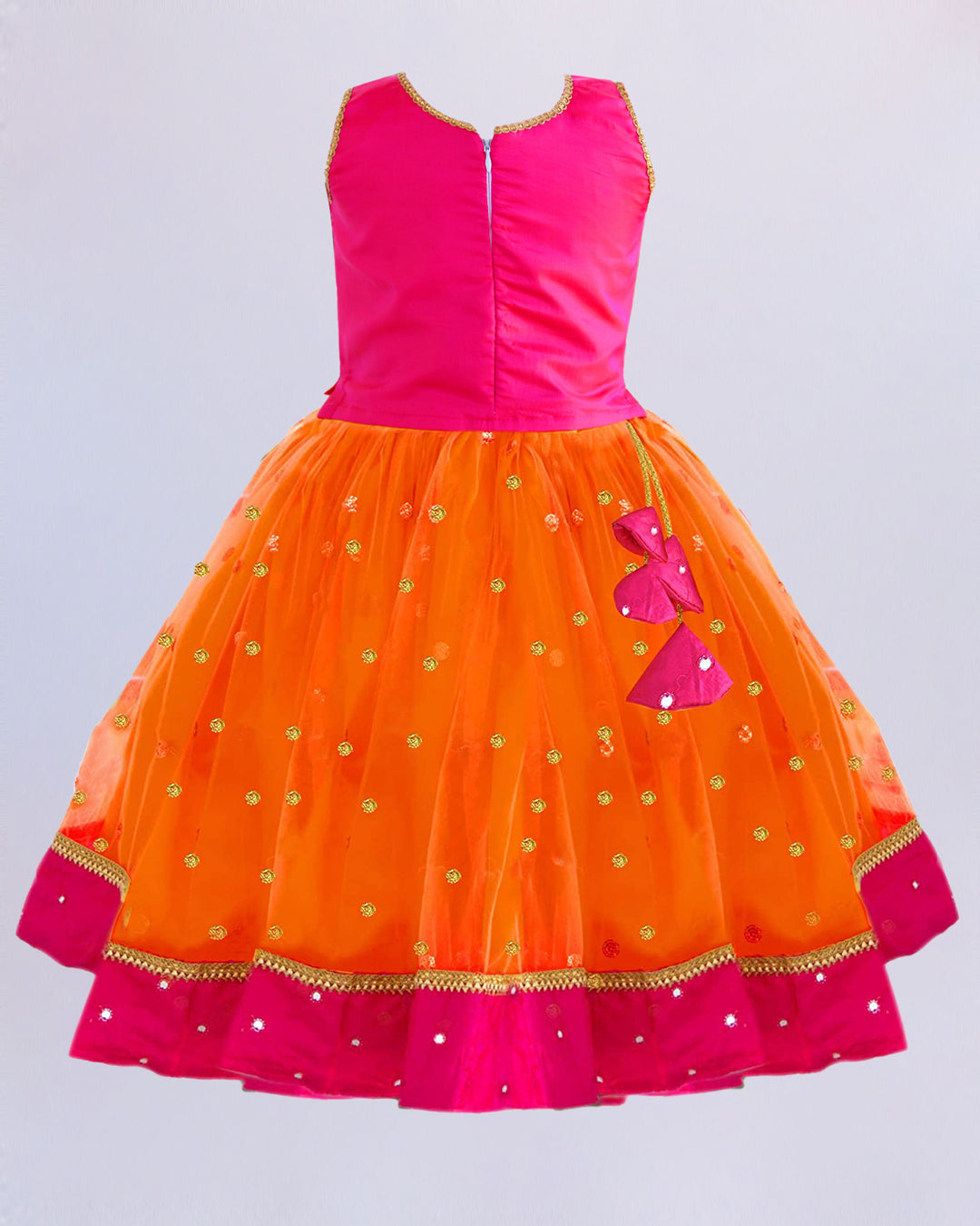 Orange and Magenta Combo South Indian Baby Girls Mirror Work Sequins Net Lehenga Choli Set