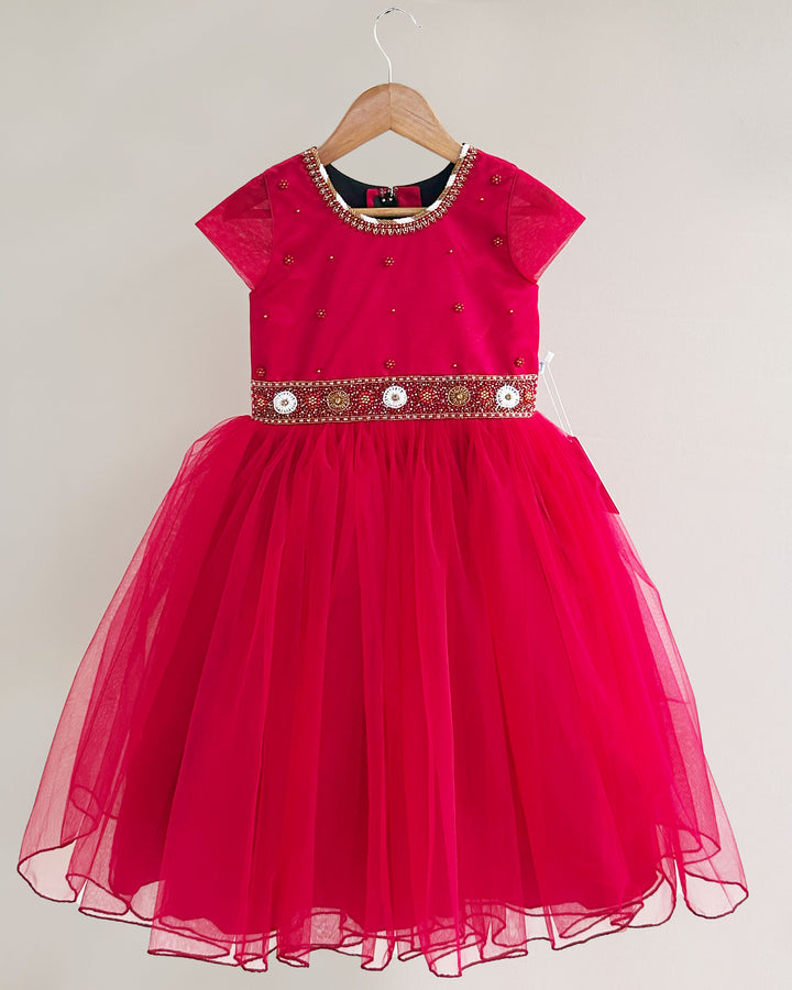 "Ruby Red Shade Baby Girls Birthday Dress with Handwork Embroidery"