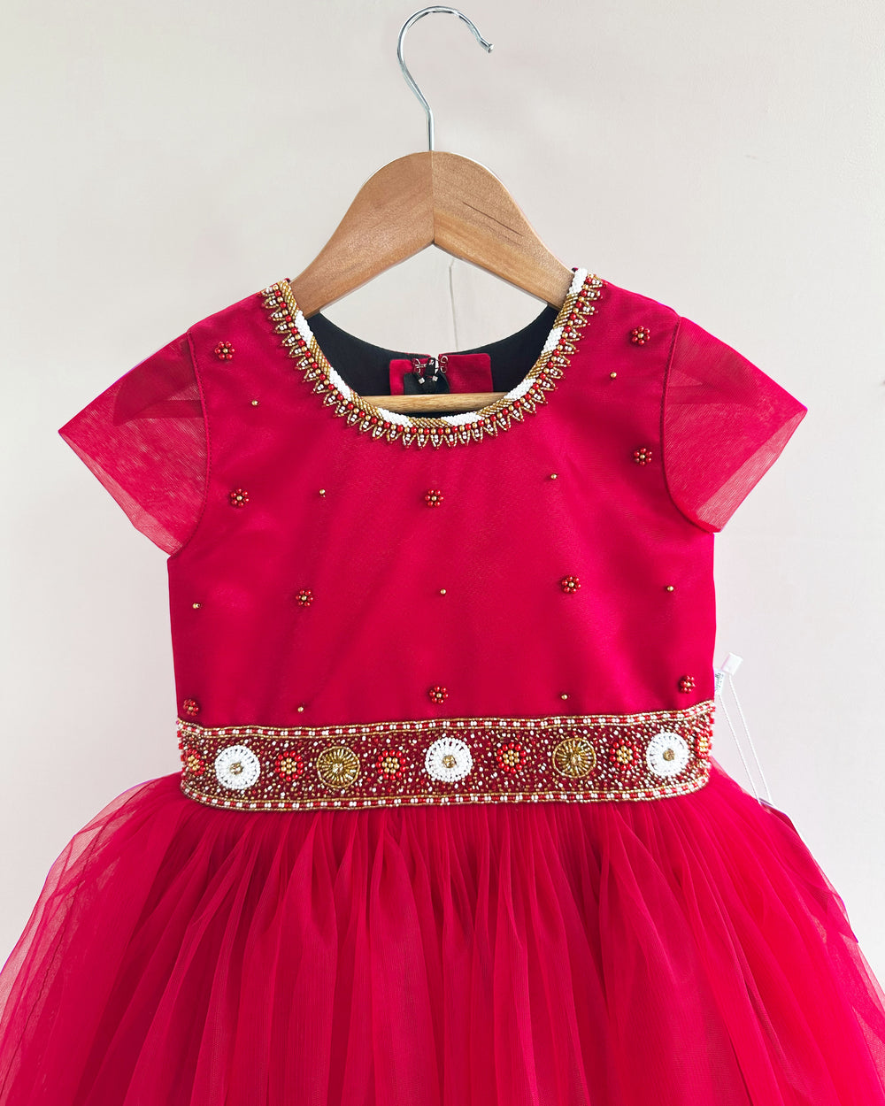 "Ruby Red Shade Baby Girls Birthday Dress with Handwork Embroidery"