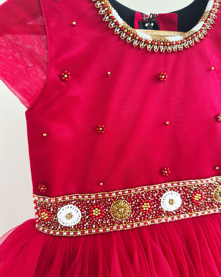 "Ruby Red Shade Baby Girls Birthday Dress with Handwork Embroidery"