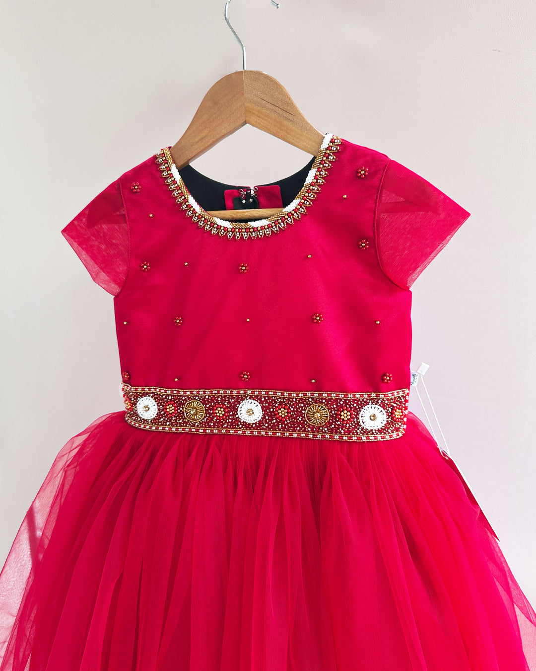 "Ruby Red Shade Baby Girls Birthday Dress with Handwork Embroidery"