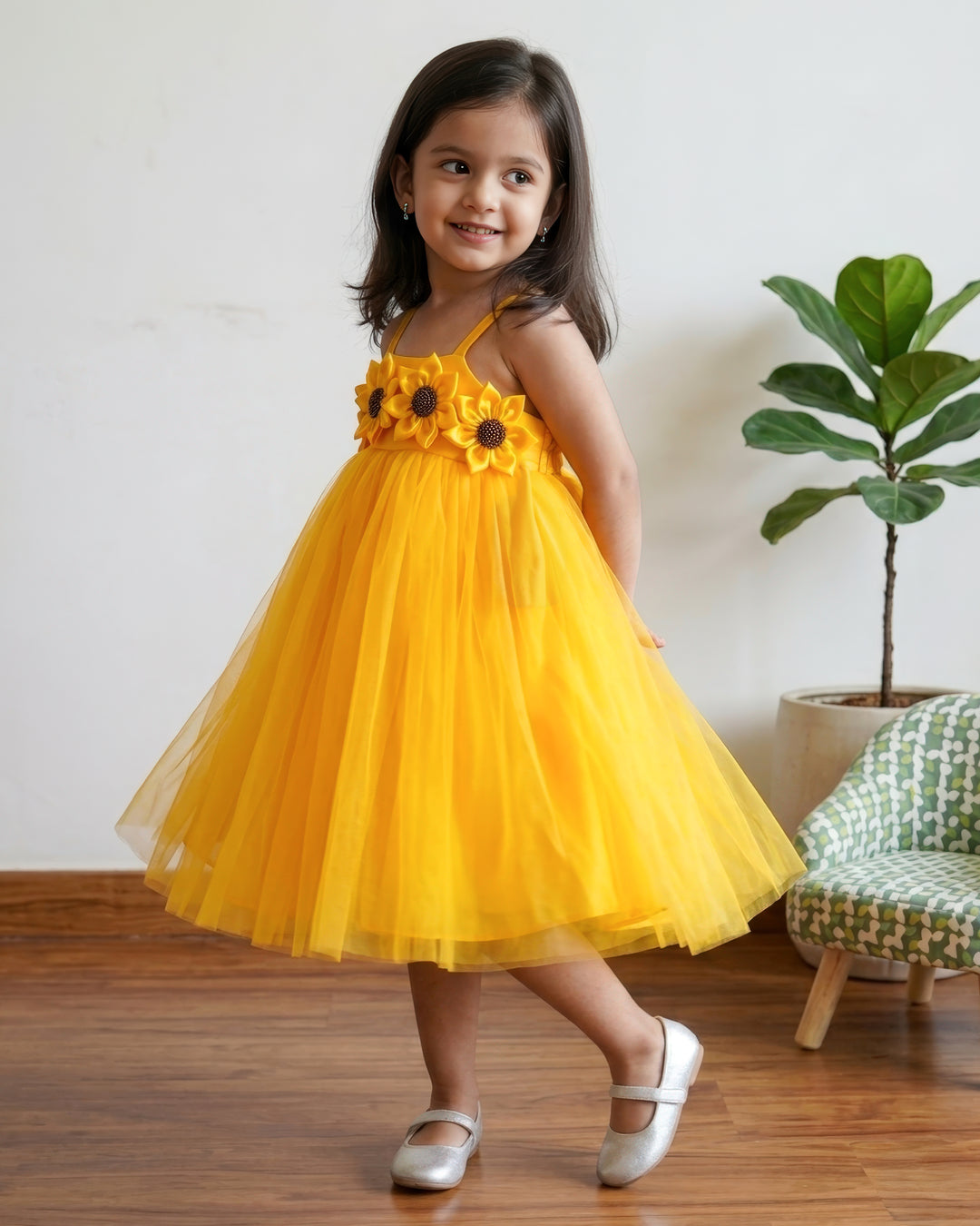 Sun Yellow Shade Shoulder Strap Pattern Sun Flower Theme Partywear Frock