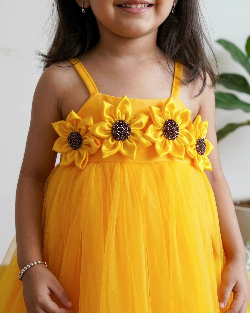 Sun Yellow Shade Shoulder Strap Pattern Sun Flower Theme Partywear Frock