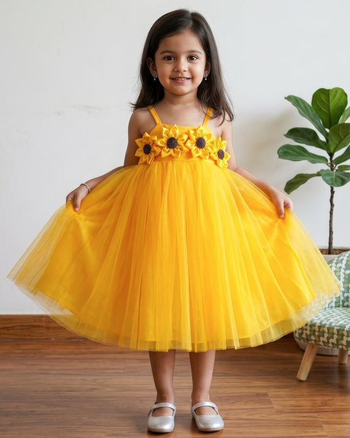 Sun Yellow Shade Shoulder Strap Pattern Sun Flower Theme Partywear Frock