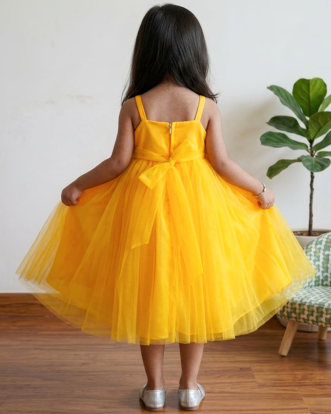 Sun Yellow Shade Shoulder Strap Pattern Sun Flower Theme Partywear Frock
