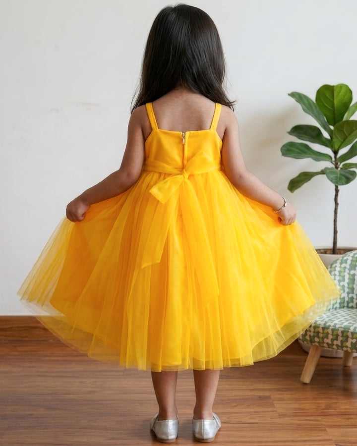 Sun Yellow Shade Shoulder Strap Pattern Sun Flower Theme Partywear Frock
