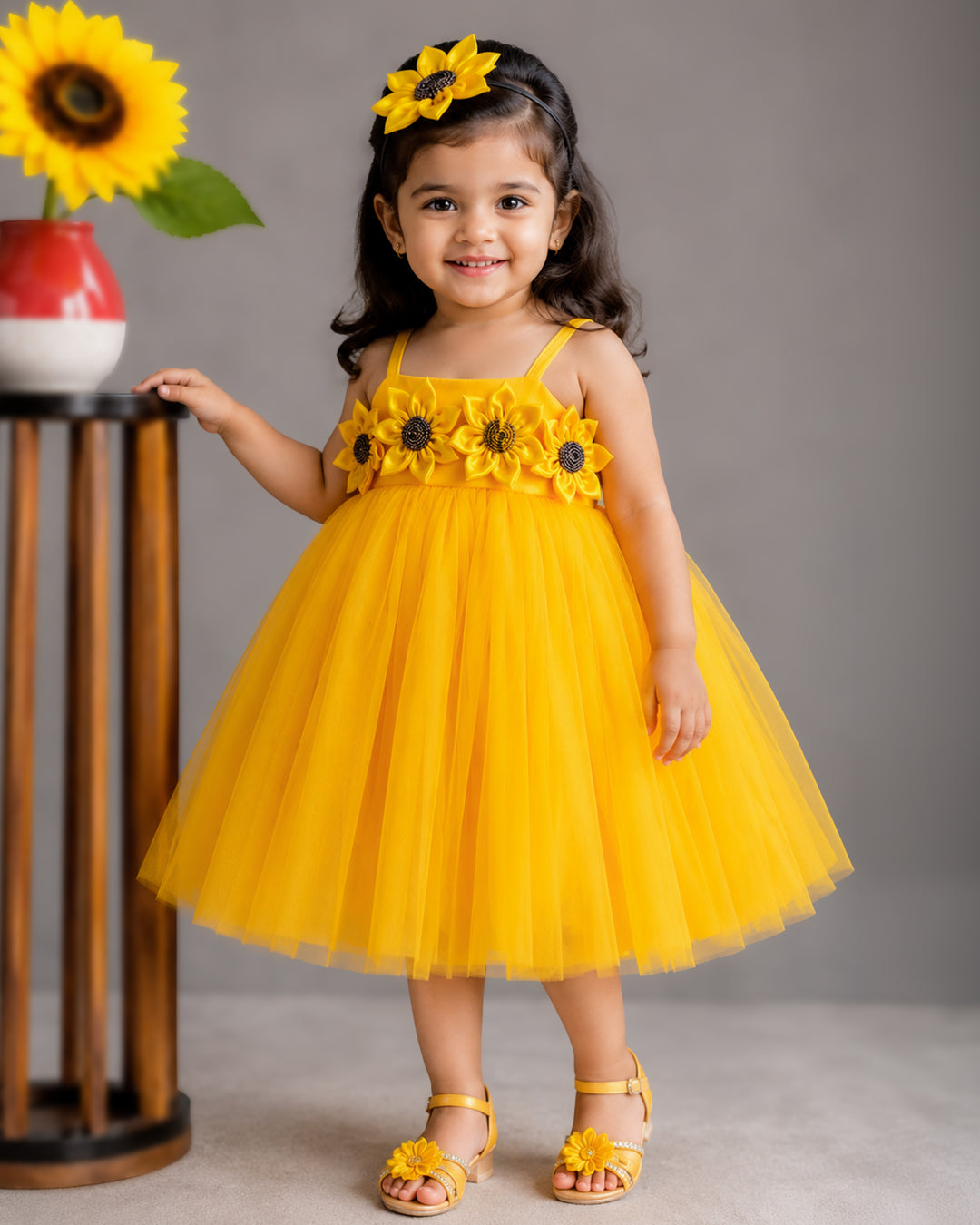Sun Yellow Shade Shoulder Strap Pattern Sun Flower Theme Partywear Fro