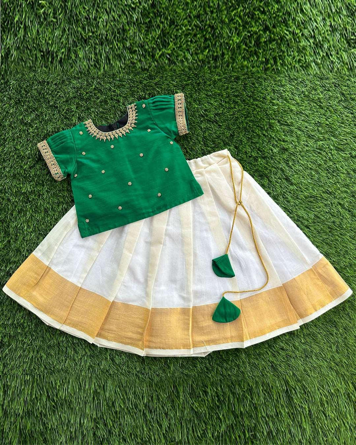 Cream & Bottle Green Combo Handwork Traditional Cotton Silk Lehenga Ch