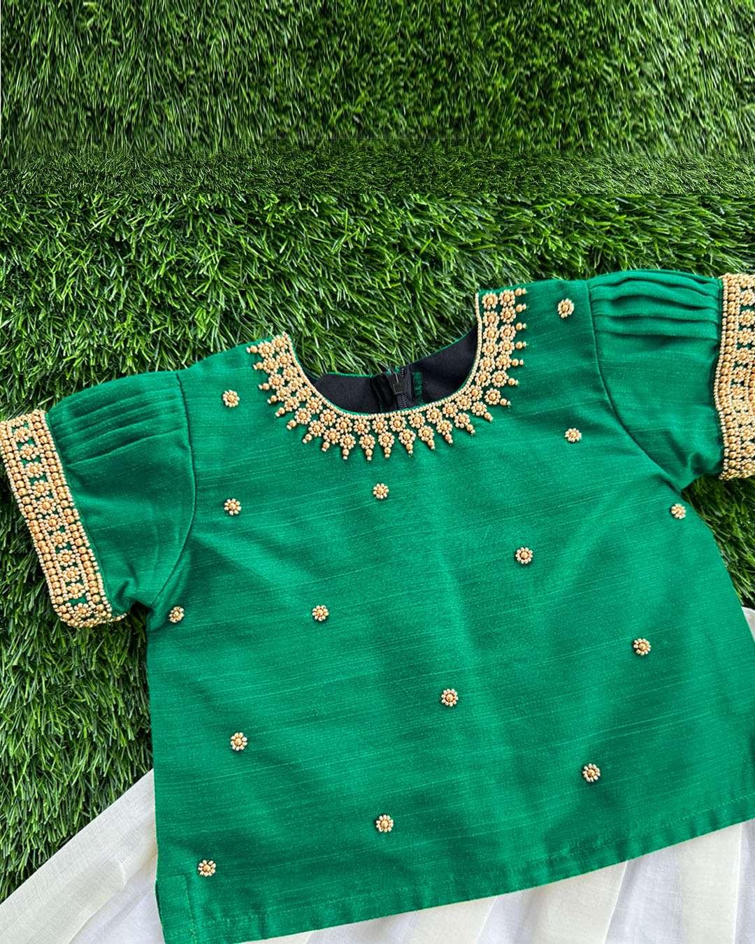 Cream & Bottle Green Combo Handwork Traditional Cotton Silk Lehenga Ch