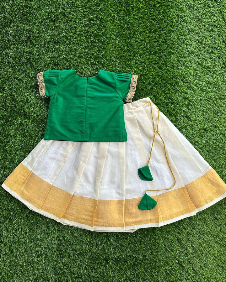 Cream & Bottle Green Combo Handwork Traditional Cotton Silk Lehenga Ch