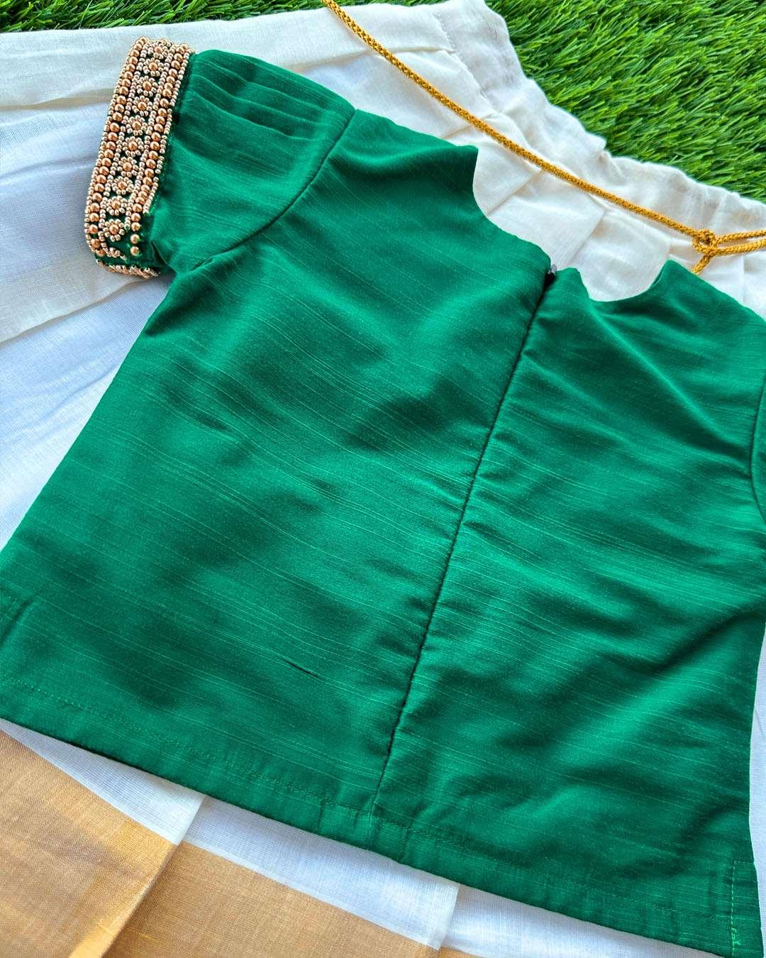 Cream & Bottle Green Combo Handwork Traditional Cotton Silk Lehenga Ch