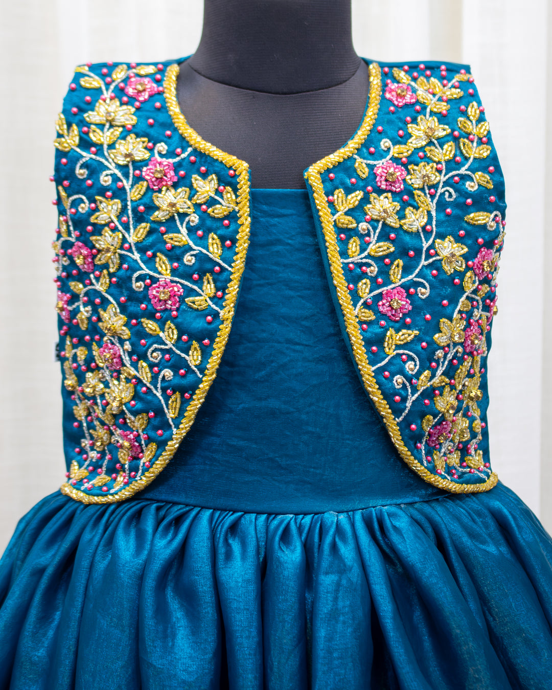 Teal blue ethnic gown for baby girls, handwork jacket partywear, premium birthday dress, Stanwells Kids