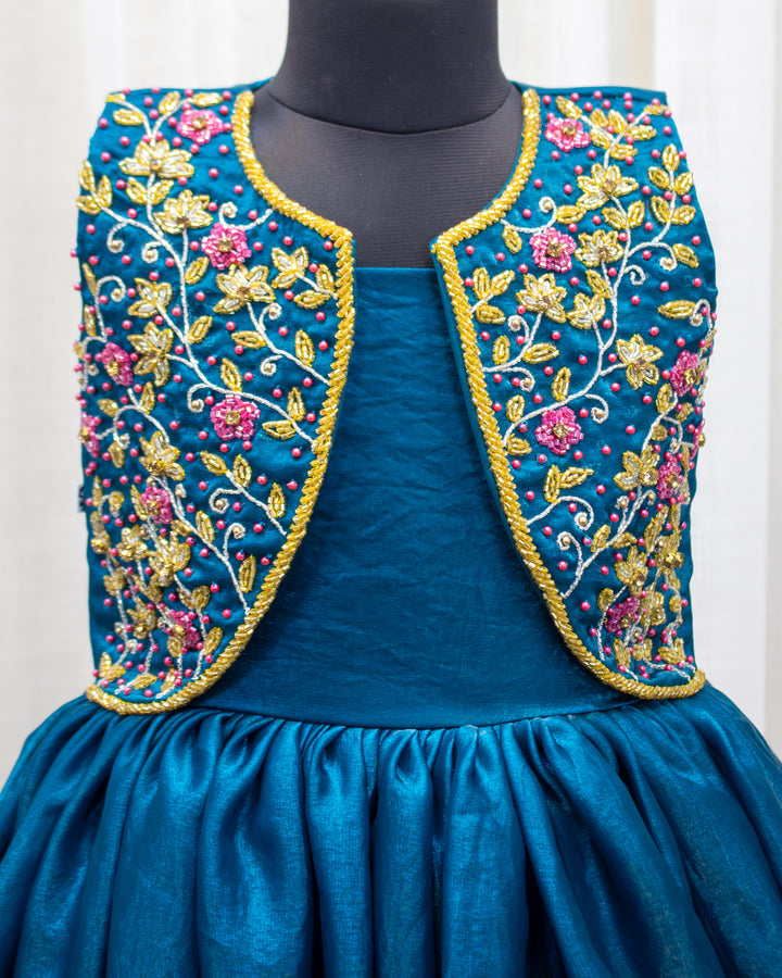 Teal blue ethnic gown for baby girls, handwork jacket partywear, premium birthday dress, Stanwells Kids