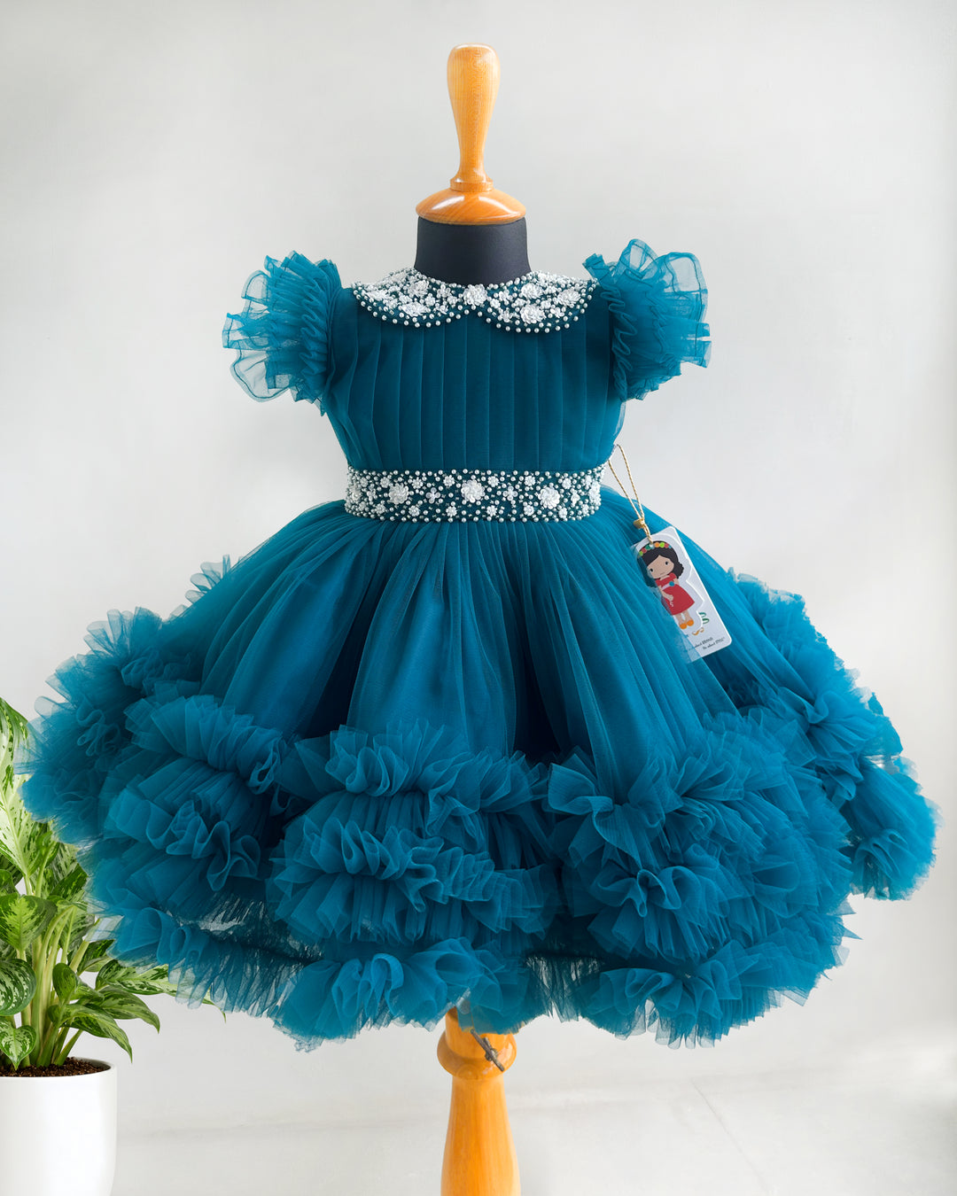Teal blue handwork Peter Pan collar birthday frock for baby girl – front view, Stanwells Kids