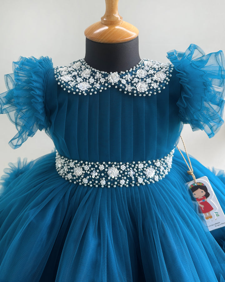 Handwork Peter Pan collar detail on teal blue birthday frock – Stanwells Kids