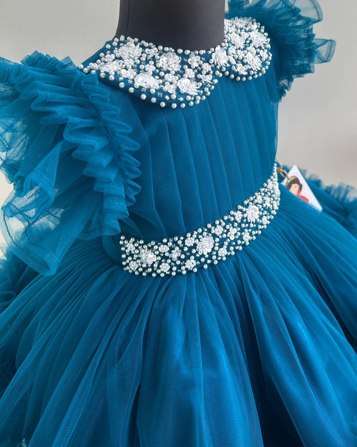 Pleated ruffle skirt on teal blue party birthday frock for girls – Stanwells Kids