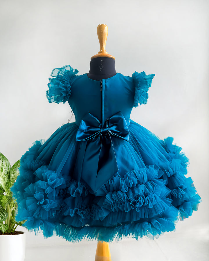 Teal blue Peter Pan collar birthday frock full look – Stanwells Kids
