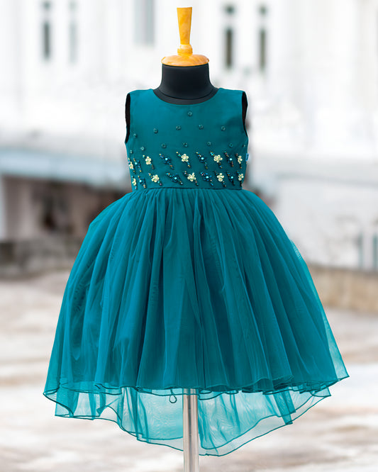 Teal blue handwork up and down detachable tail partywear frock for baby girl – Stanwells Kids