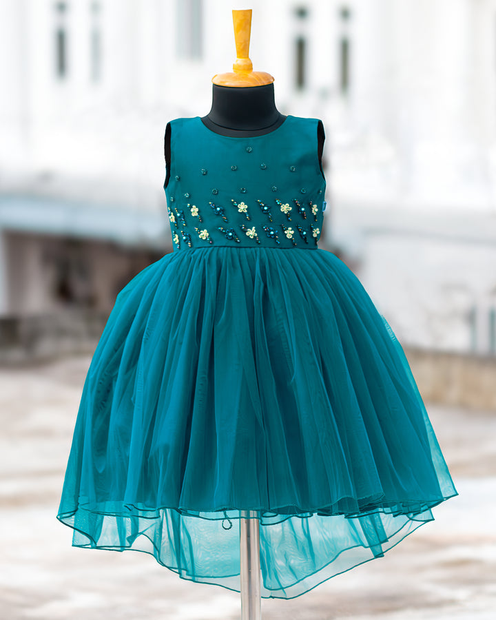 Teal blue handwork up and down detachable tail partywear frock for baby girl – Stanwells Kids